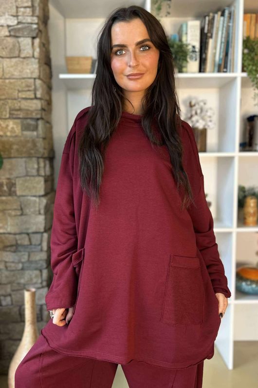 Scamp Raw Seam Funnel Neck Top Burgundy